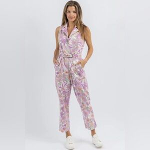 Skies are Blue, stretchy denim floral jumpsuit in size Medium.